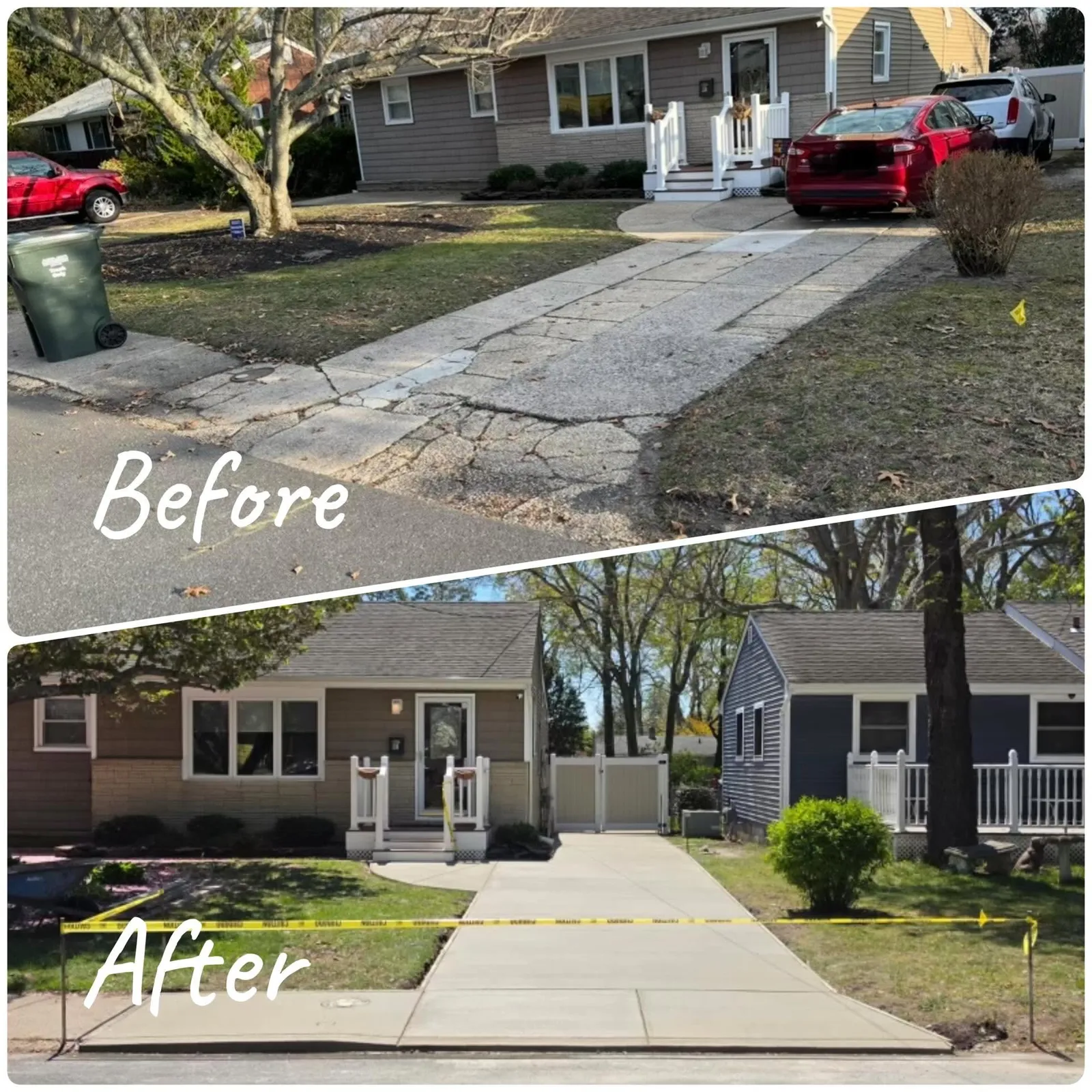 Before and after of a cracked, root-heaved driveway torn out and replaced with a smooth new poured-concrete driveway in South Jersey
