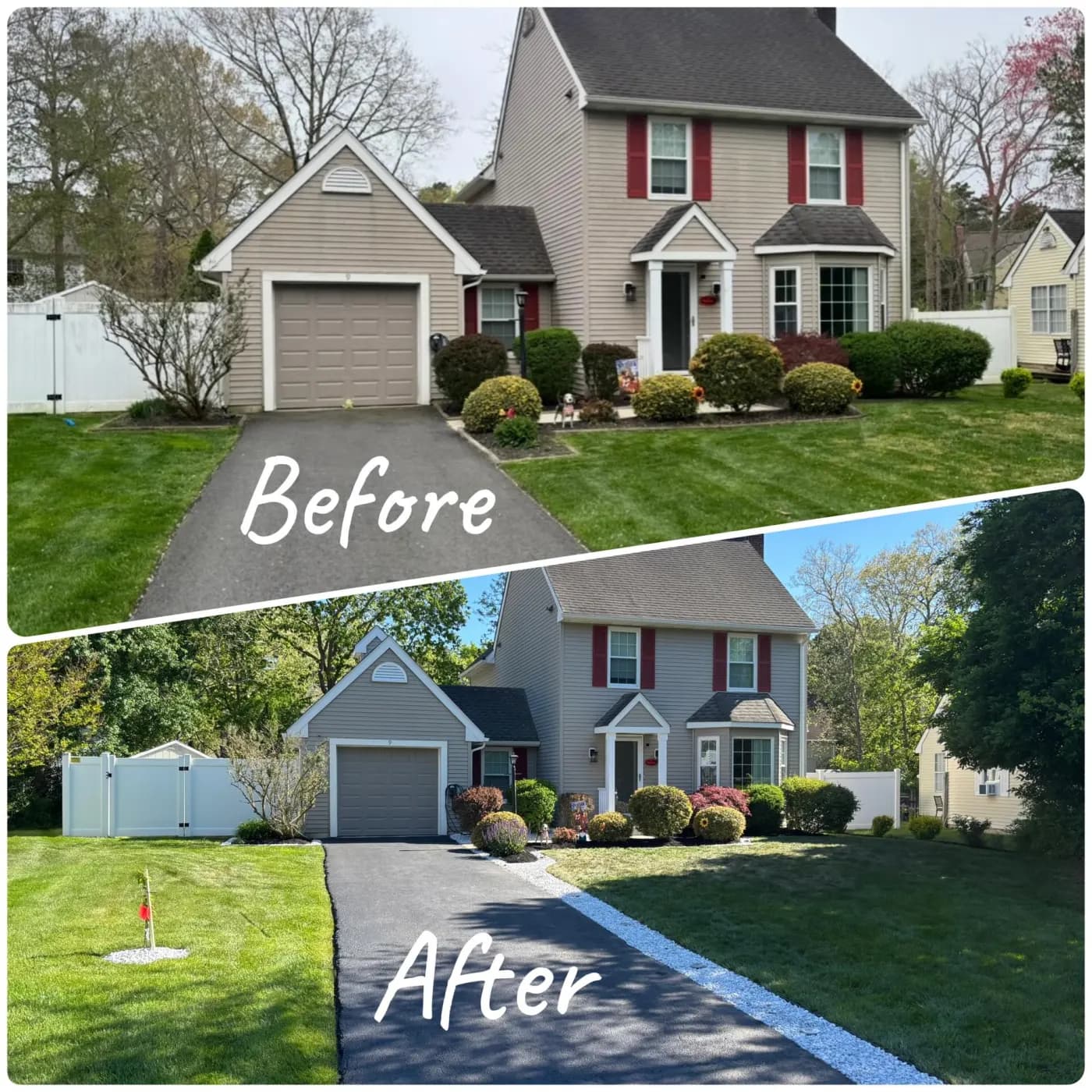 Before and after of a repaved driveway with a white-stone border at a South Jersey colonial