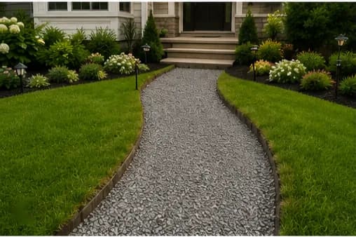 Compacted crushed-stone base being built up for a paver walkway