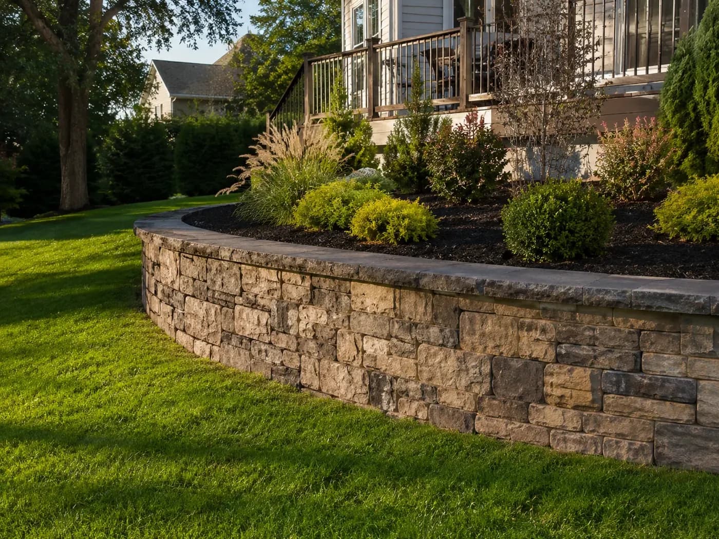 Block retaining wall on a sloped yard in South Jersey