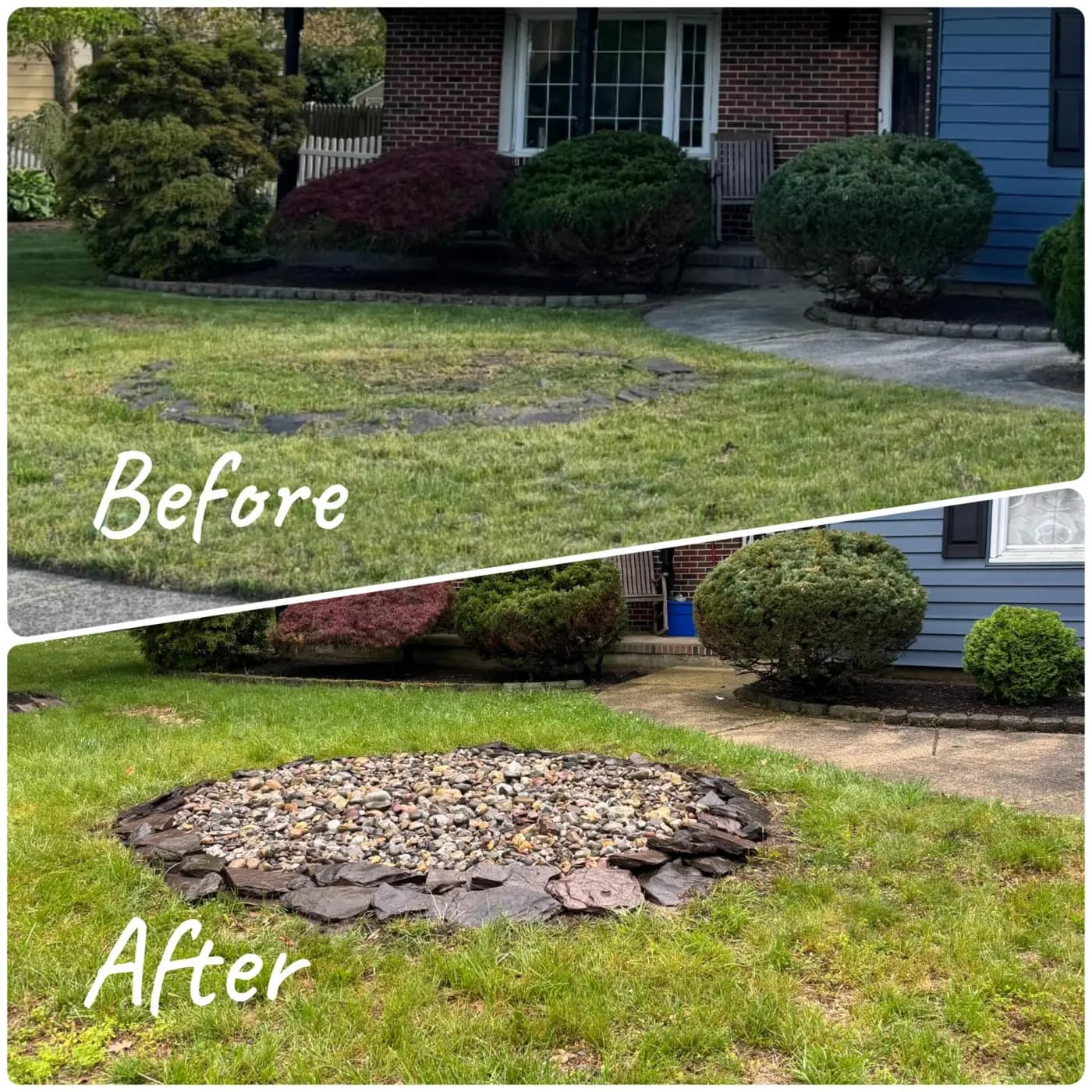 Before and after of a bare lawn spot turned into a circular river-rock garden bed in South Jersey