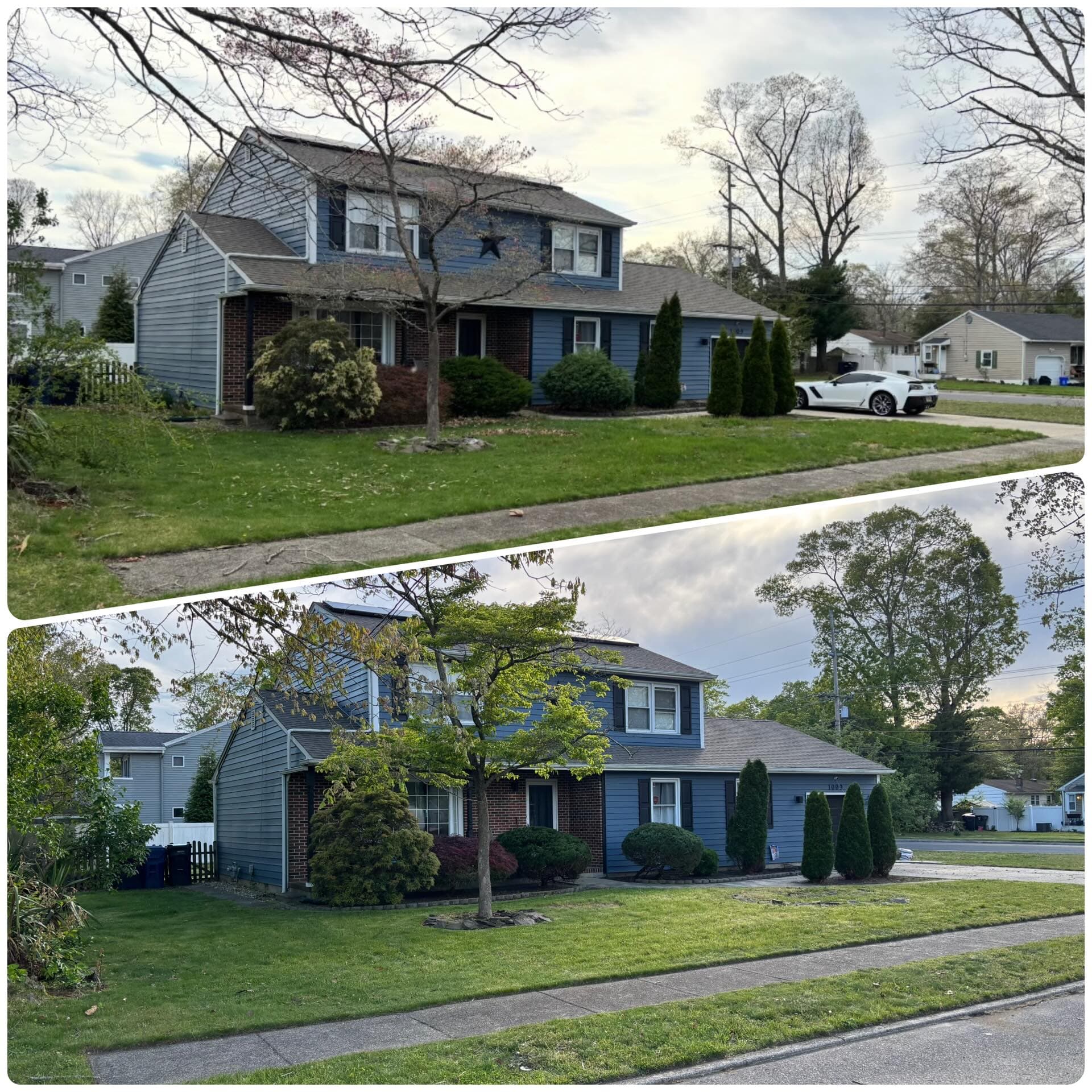 Before and after yard renovation of a two-story colonial in Egg Harbor Township, NJ