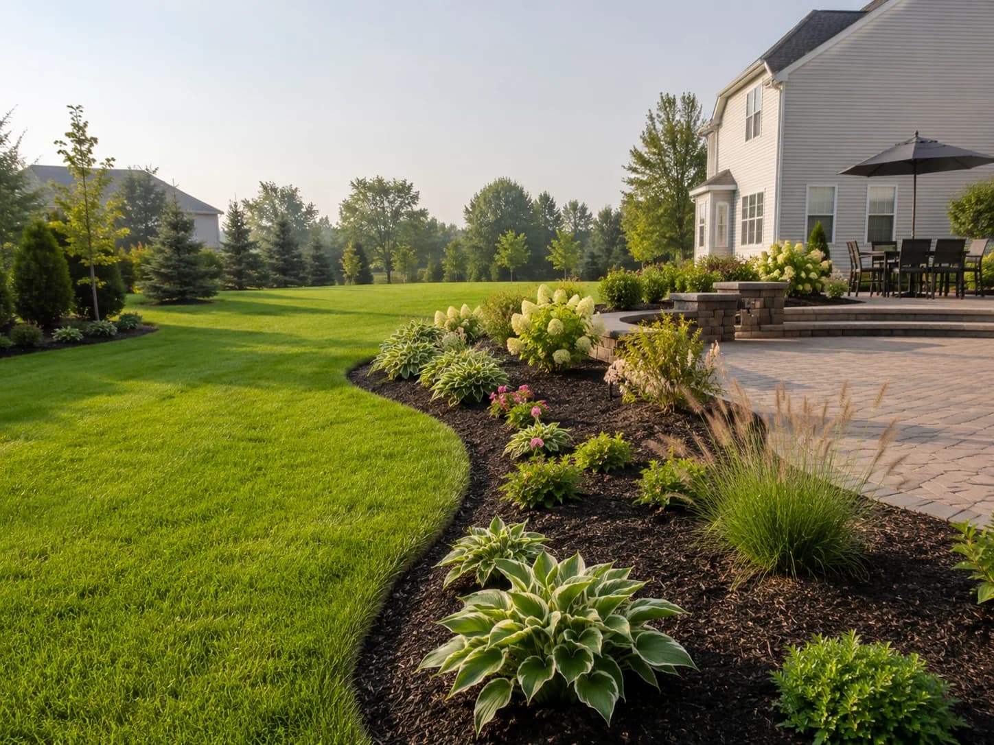 Freshly completed yard renovation with mulch beds in Egg Harbor Township, NJ